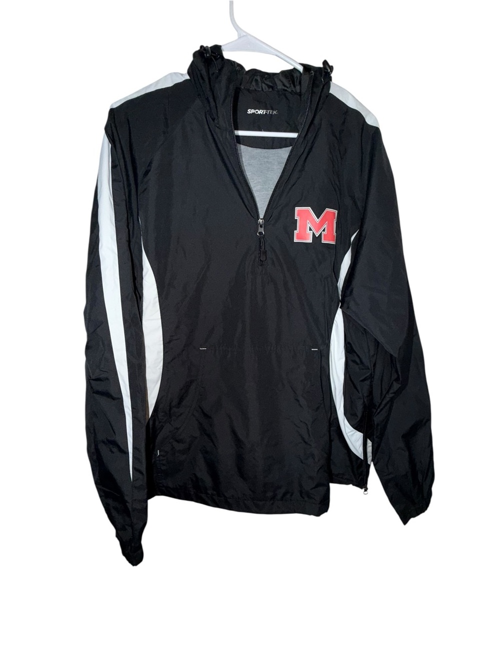Sport-Tek Black and White Pullover Windbreaker with Red 'M' Logo
